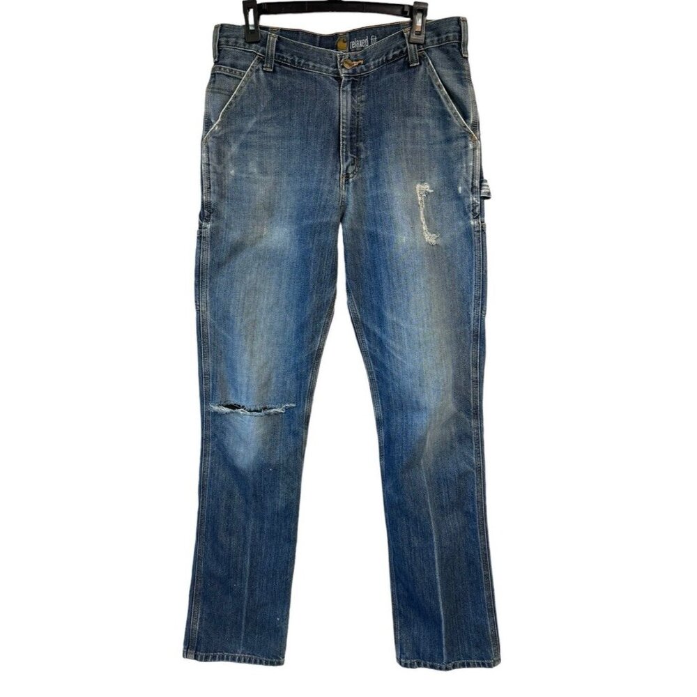 Carhartt Relax Fit Jeans Mens Tag 34 Fits 32 X 35.5 Blue Carpenter Ripped 103327